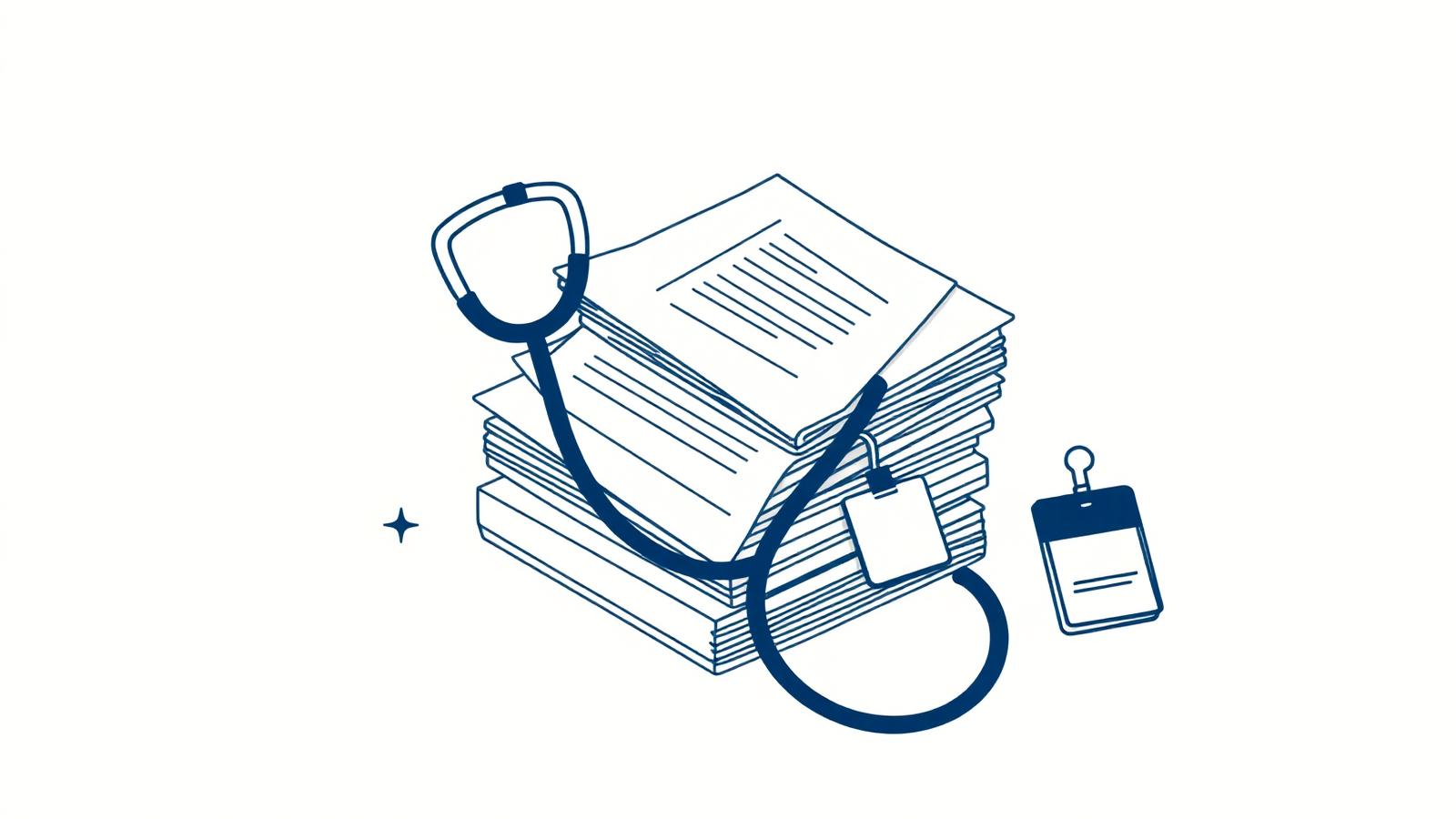 Illustration of claim forms, ledgers, and a stethoscope representing the medical billing cycle